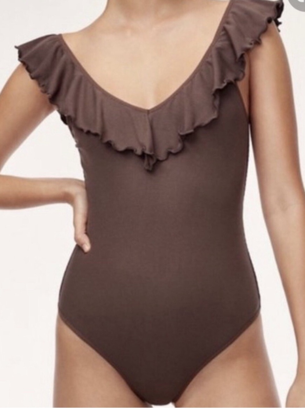 Wilfred Aritzia Danette Brown Ruffle Bodysuit
